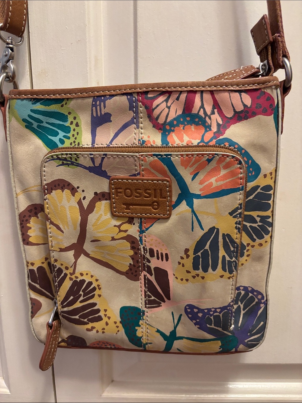 Fossil Cream Crossbody Bag with Multicolor Butterfly Print